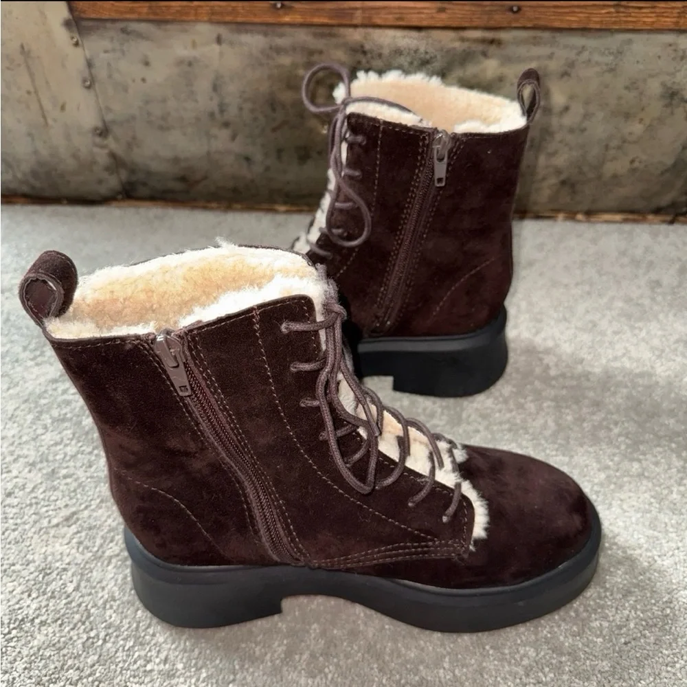 NWOB Steve Madden Jazmin Faux Fur-lined Suede Lace-Up Side Zip Combat Boot in 6 - Picture 4 of 11